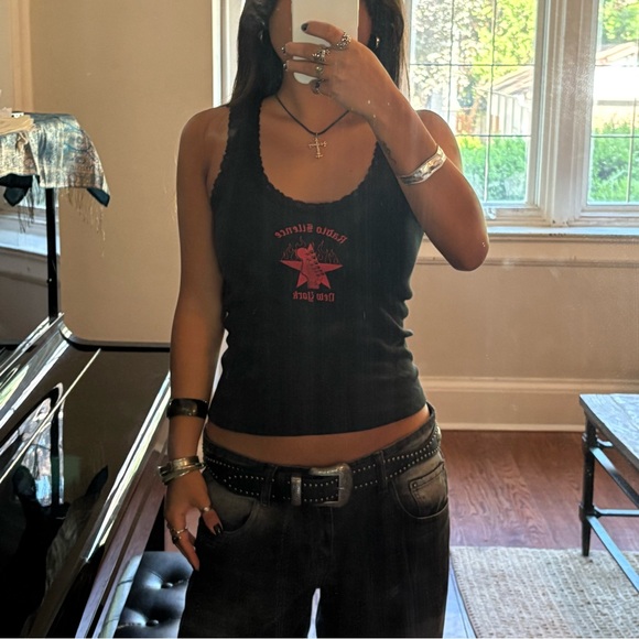 Brandy Melville Black and Red Radio Silence Graphic Tank Top - Picture 1 of 3